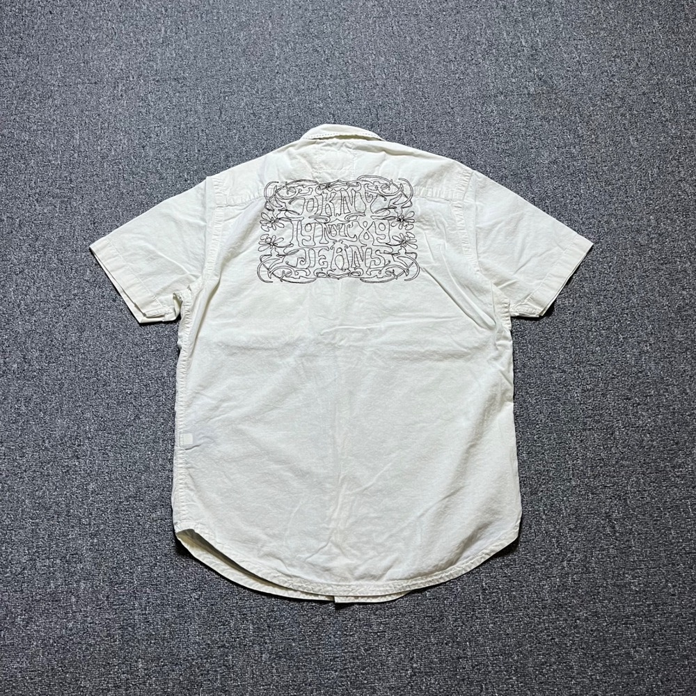 DKNY Jeans Short Sleeve Button Up Shirt Small White Graphic Y2K Skater Tribal